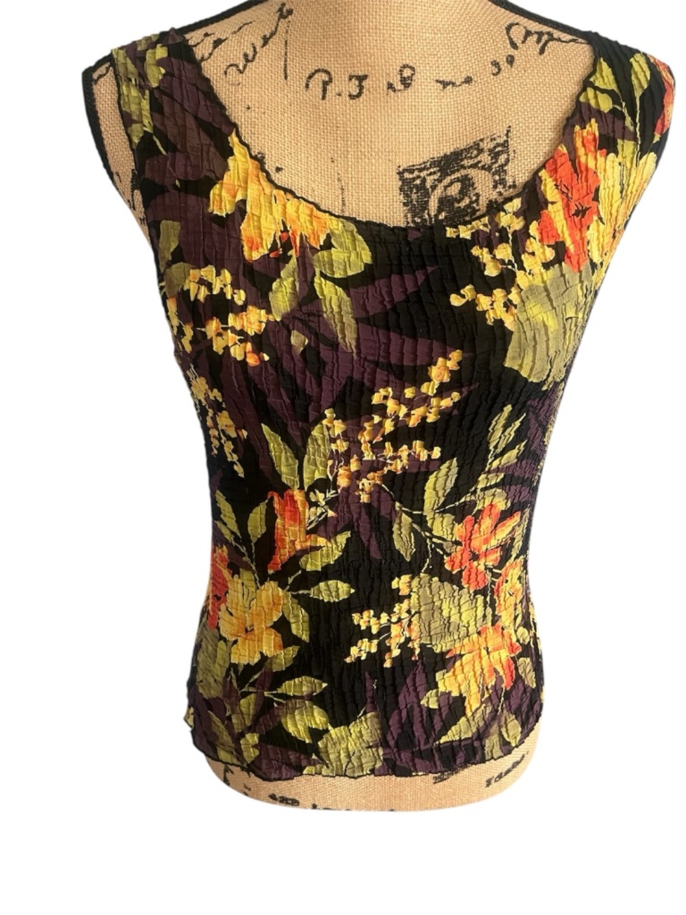 Floral Textured Scoop Neck Tank Top - Black with Yellow & Orange Floral